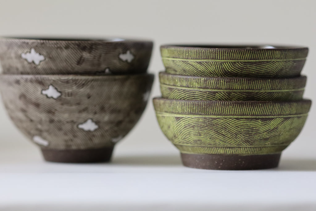 tiny bowls - etched green