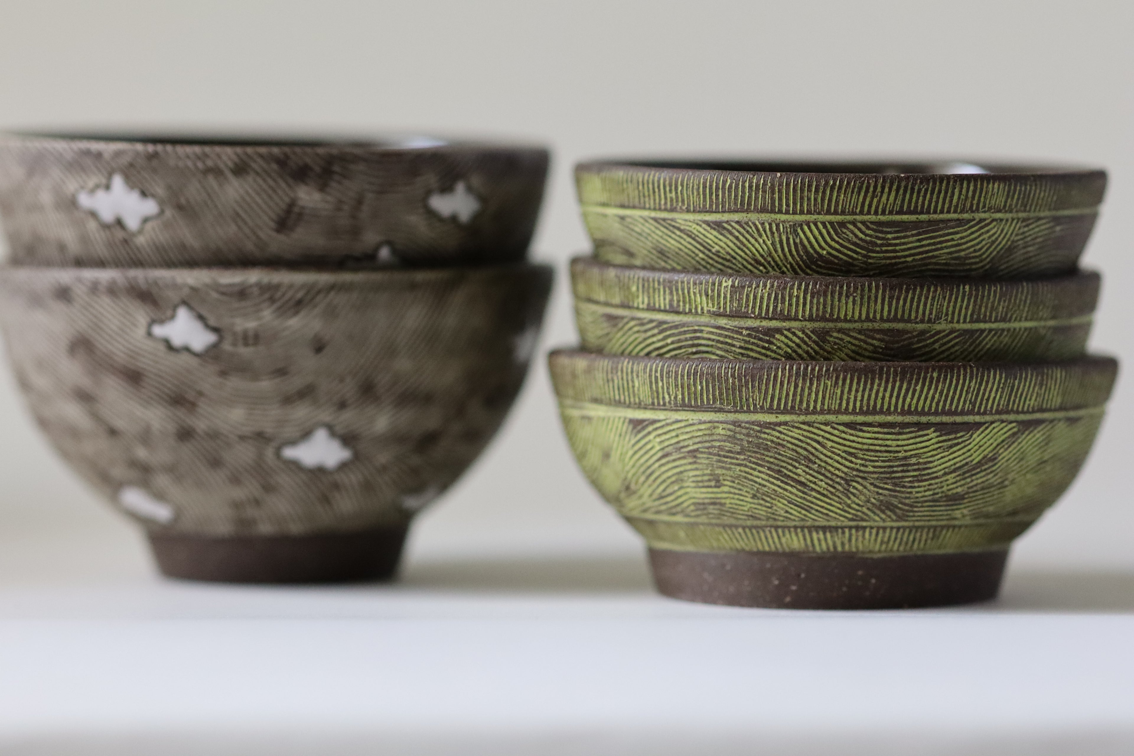 tiny bowls - etched green