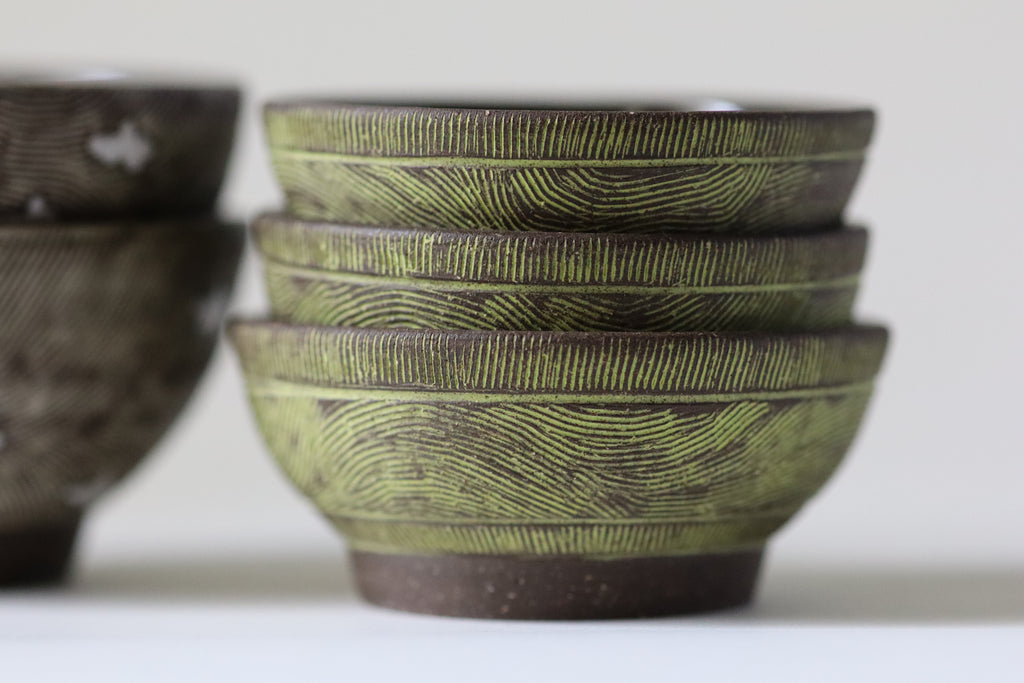 tiny bowls - etched green